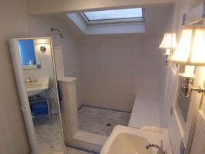 Small bathroom with skylight and compact shower area.